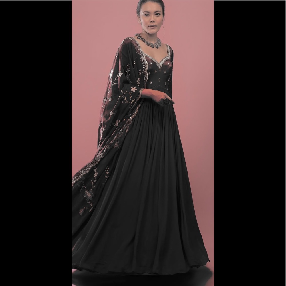 Grey Anarkali Suit In Chinon With Queen Style Embroidered Bodice In Zardosi Work - Picture 2 of 8